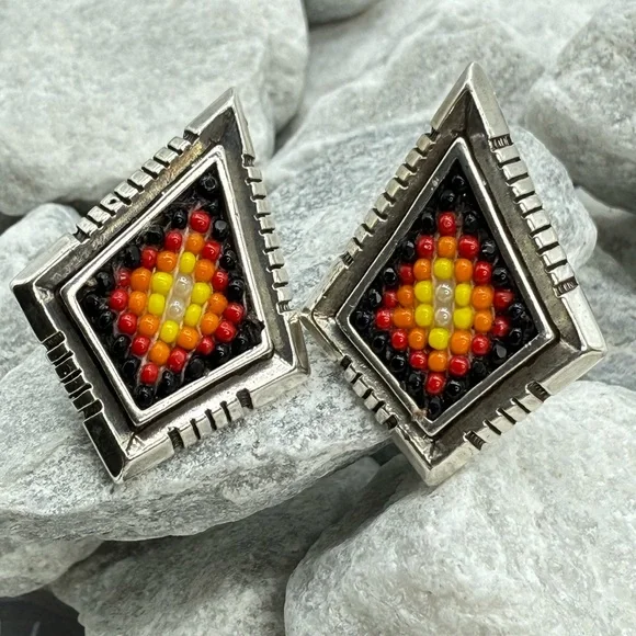 Designer Navajo Southwestern Sterling Silver Beaded Diamond Earrings Vintage 12g - Picture 3 of 9